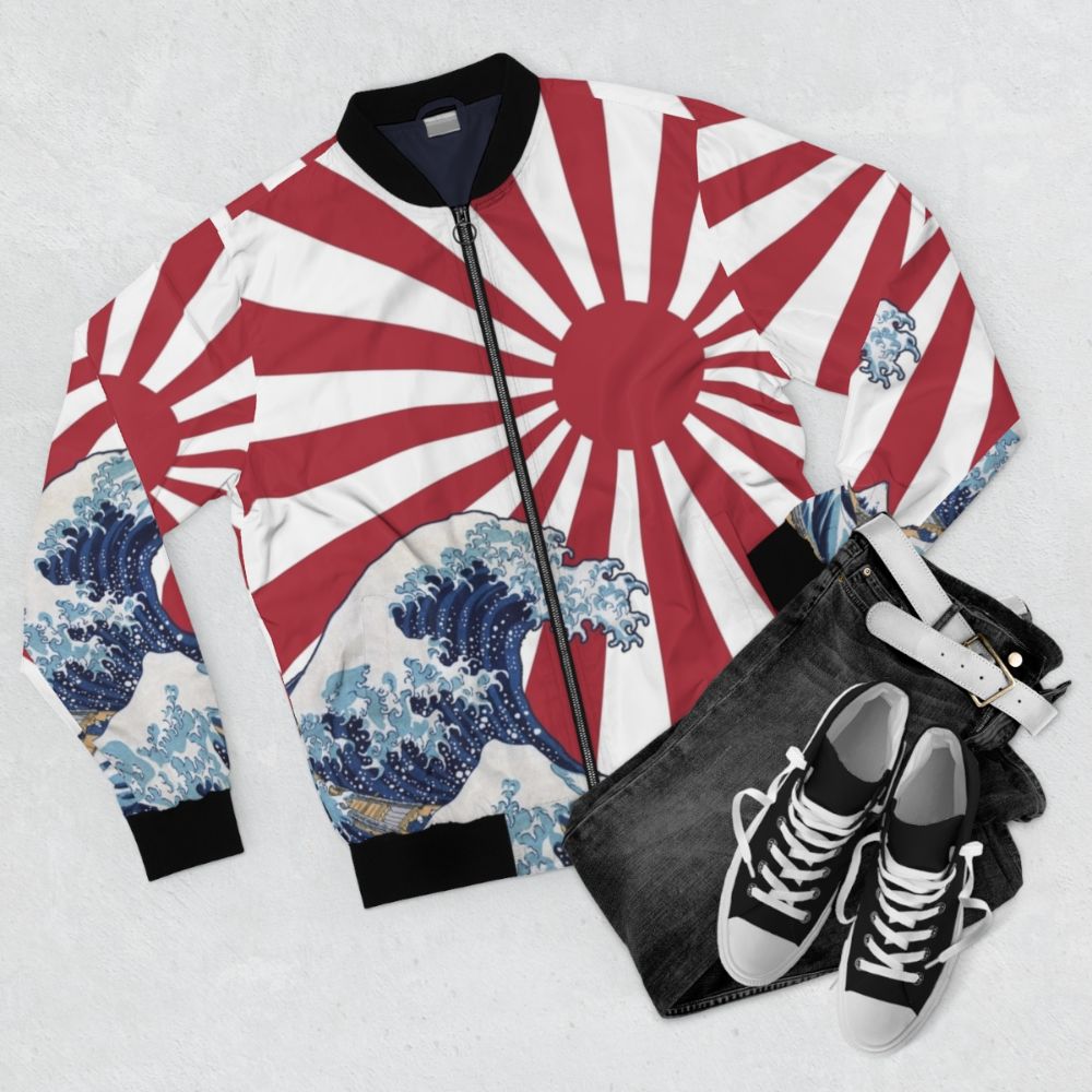 Bomber jacket featuring Hokusai's iconic "Great Wave off Kanagawa" design with a rising sun - Flat lay