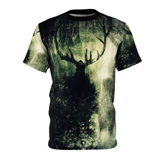 Artistic impression of the Green Man, a mythical figure from Celtic mythology, featured on a high-quality t-shirt.