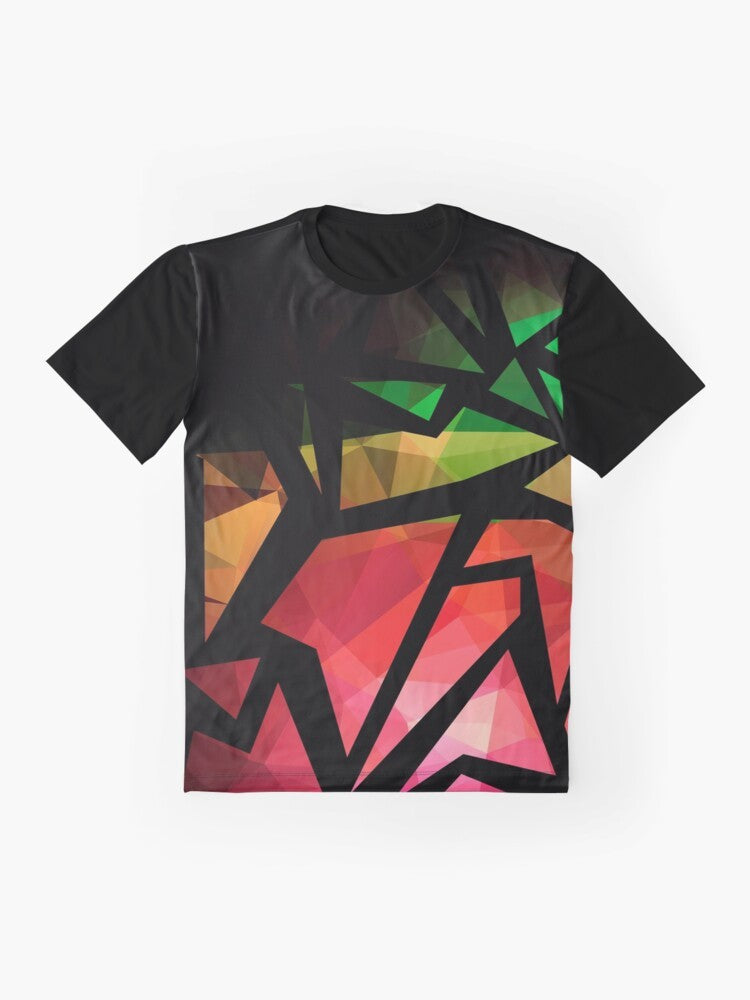 Abstract polygon print graphic t-shirt with vibrant colors - Flat lay