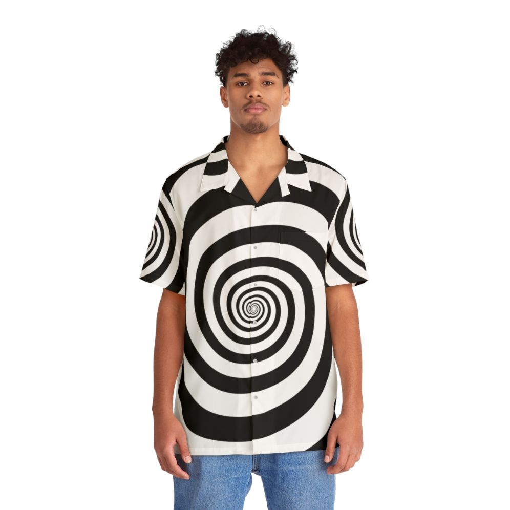 Hypnotic black and white spiral pattern Hawaiian shirt - People Front