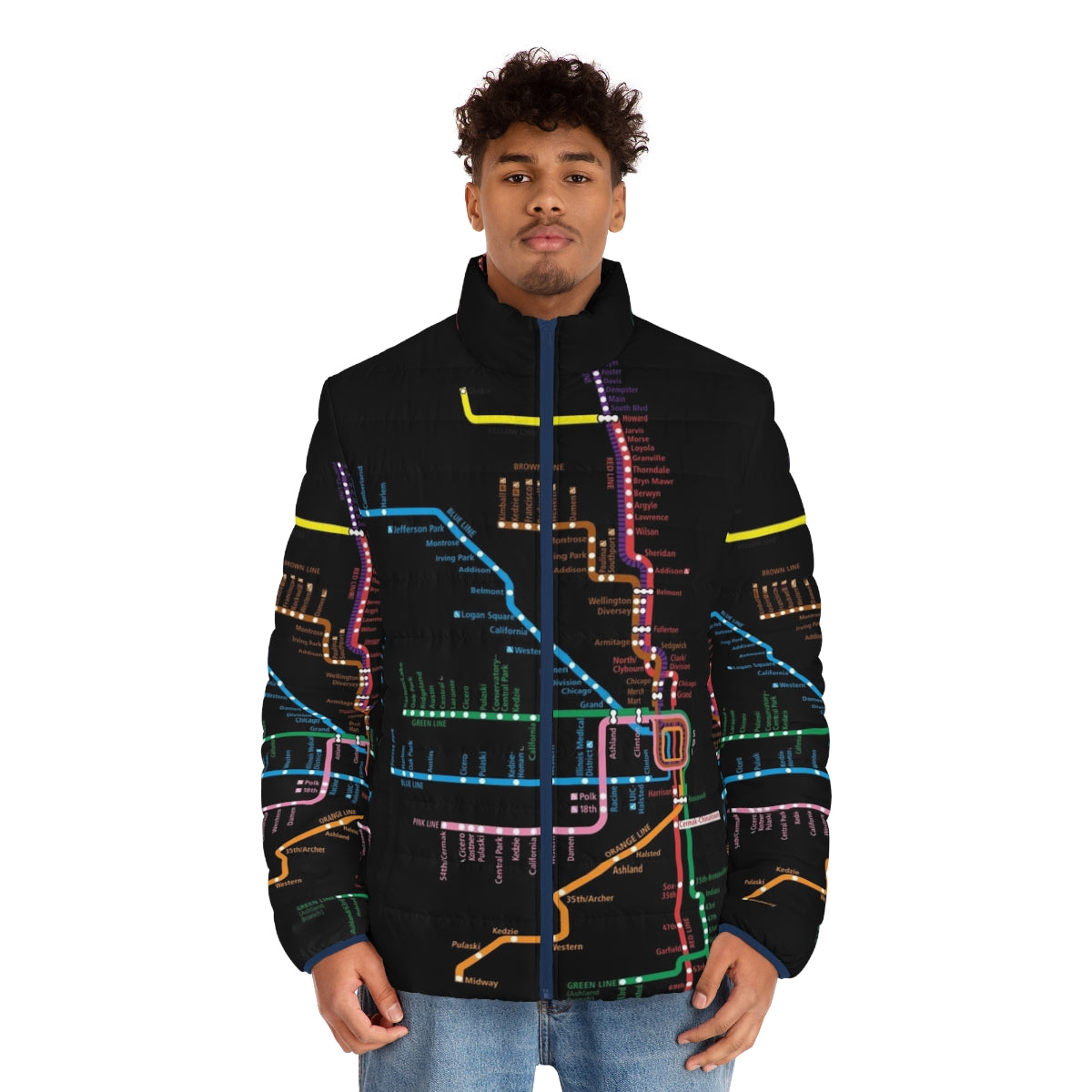 Puffer jacket featuring a Chicago CTA trains transit map design - men front