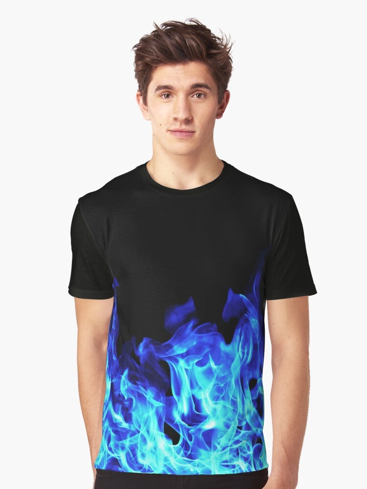 A graphic t-shirt featuring bold blue flames with an electric, neon design against a dark background. - Men