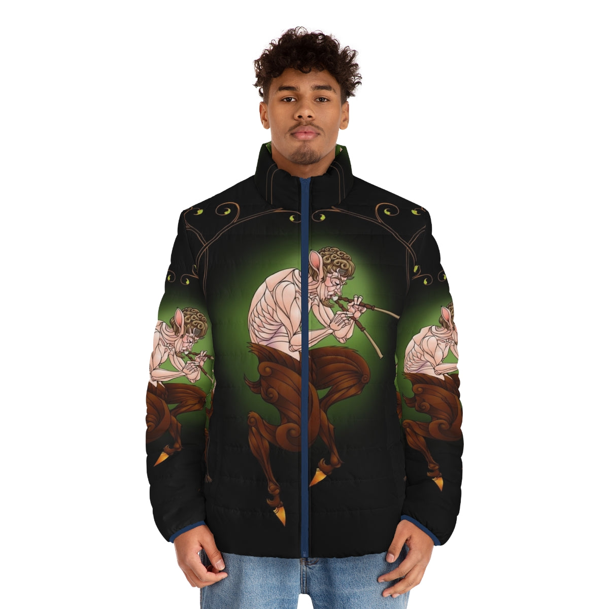 Faun-inspired puffer jacket with mythological design - men front