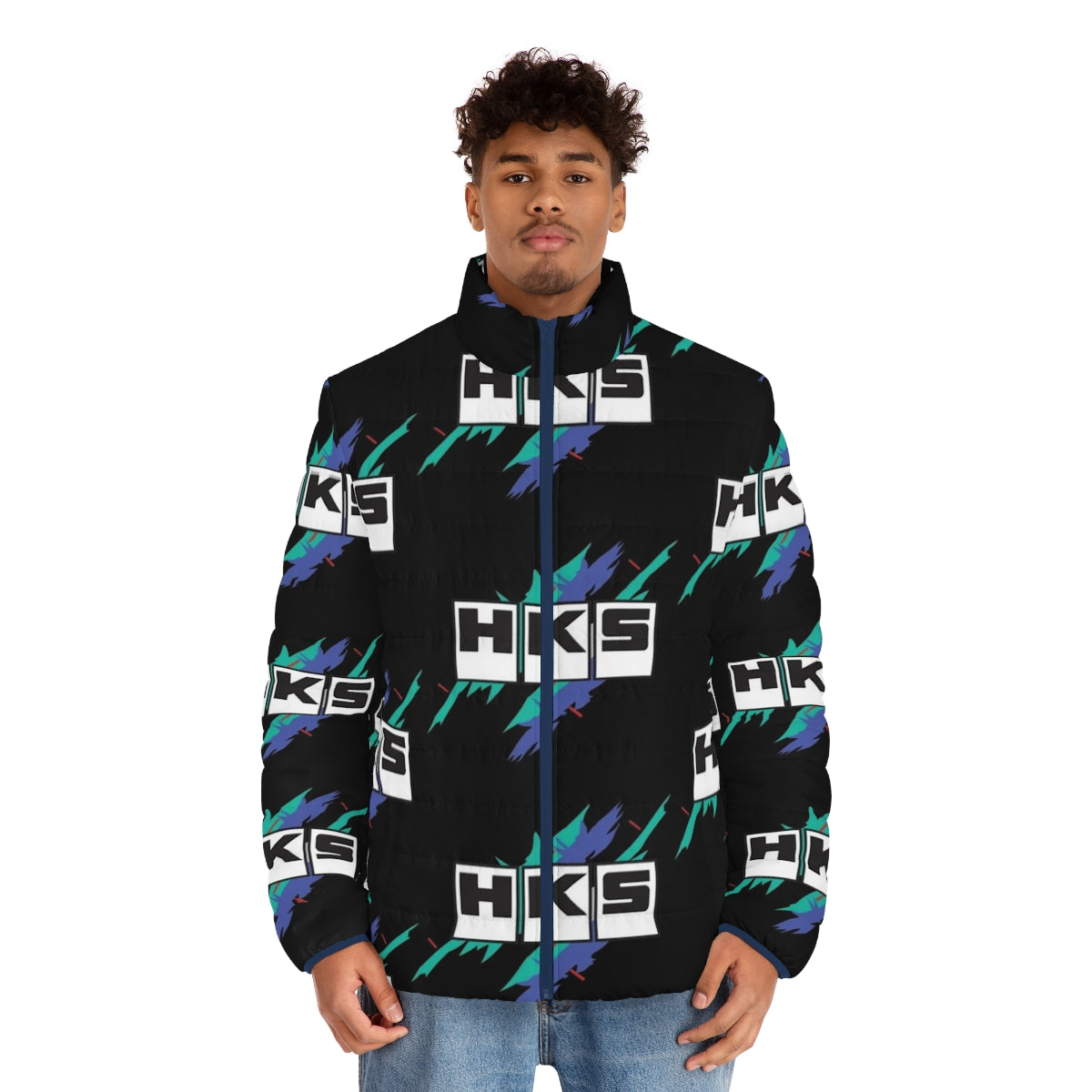 HKS Vintage Puffer Jacket with JDM and Drifting Inspired Graphics - men front