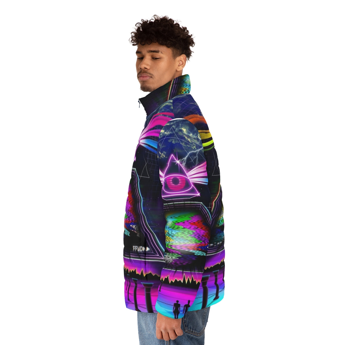 Retro 80s style puffer jacket with glitch and VHS aesthetic - men side left