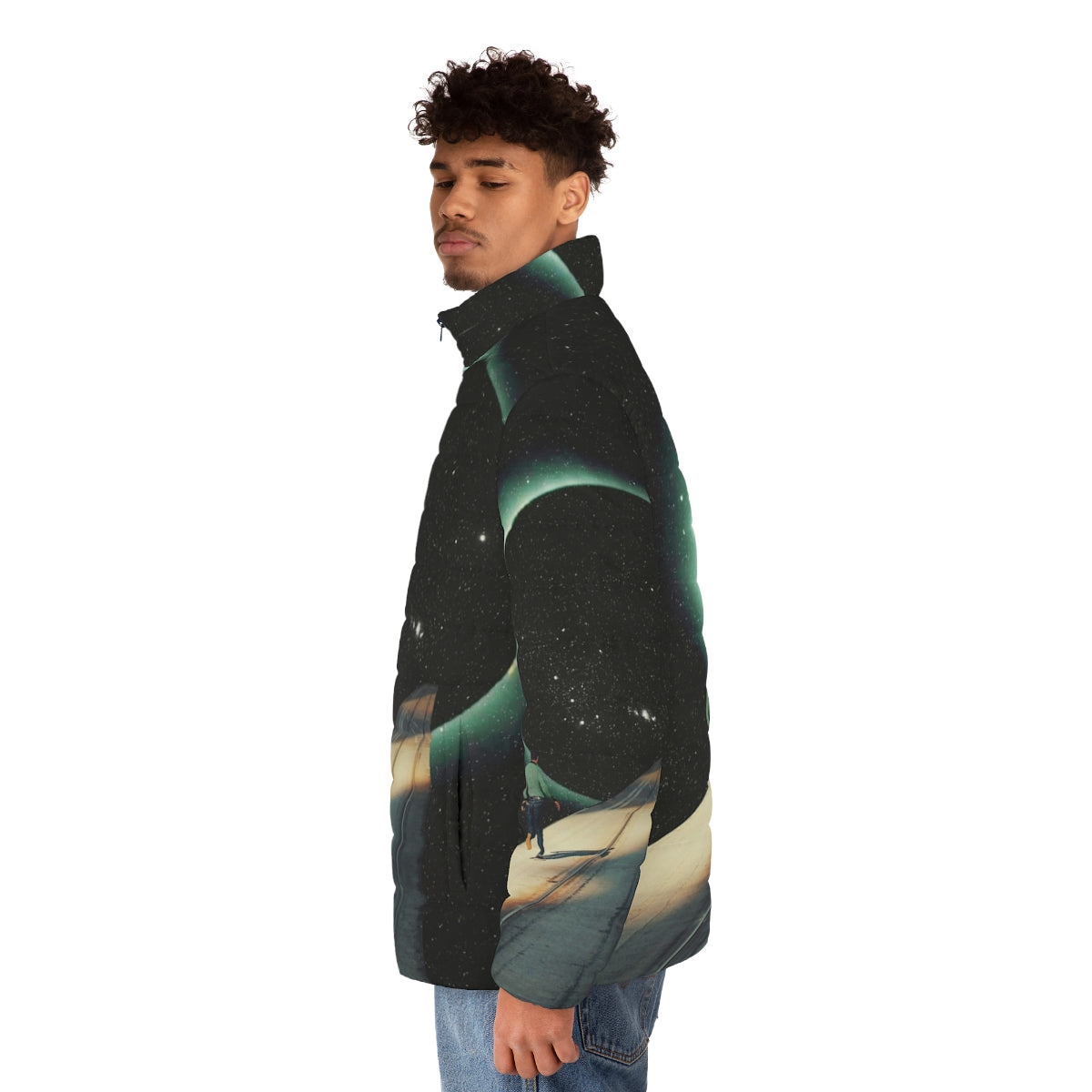 Puffer jacket with digital collage of space, planets, and a lone figure on a cosmic journey - men side left