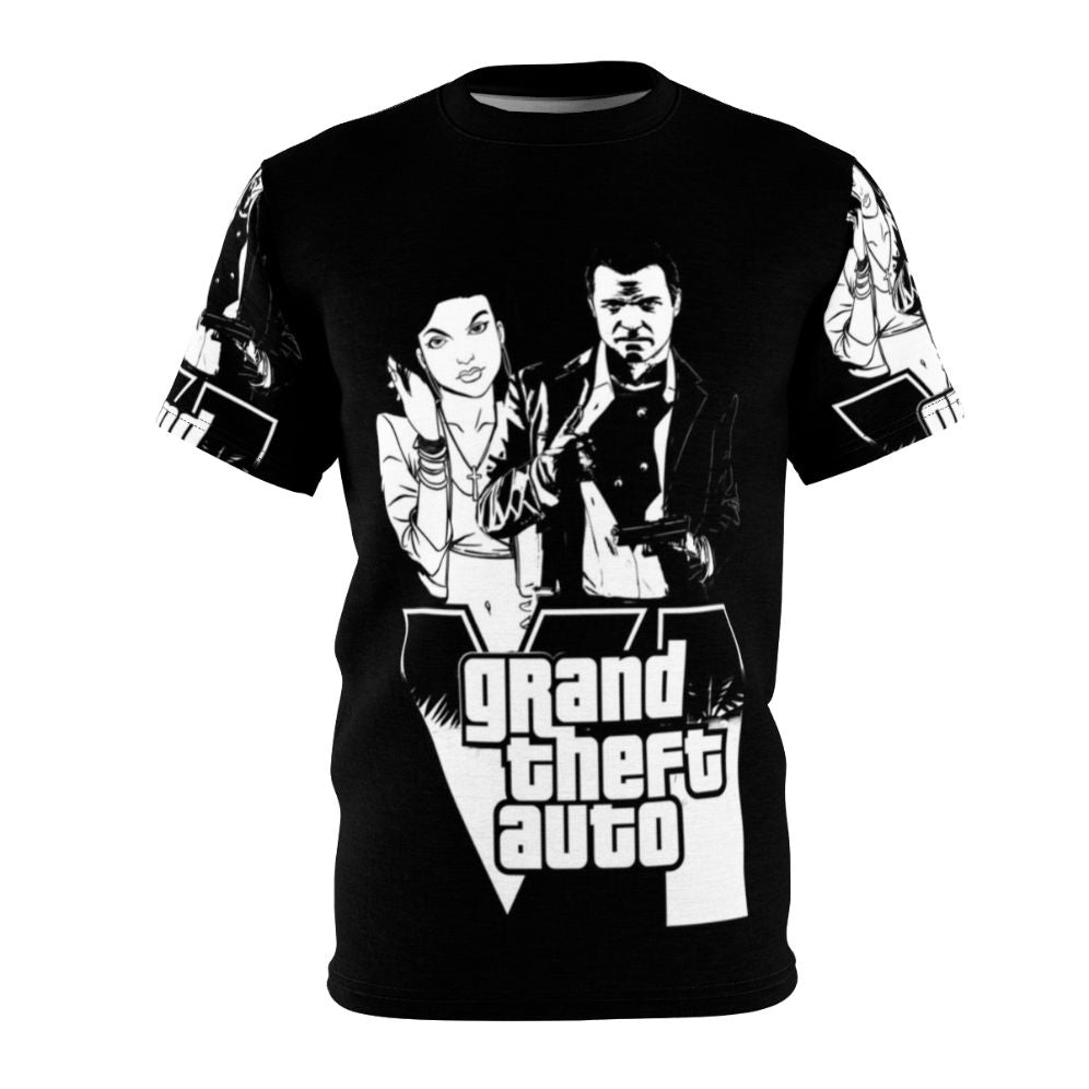 Retro gaming inspired t-shirt design featuring elements from the Grand Theft Auto video game series