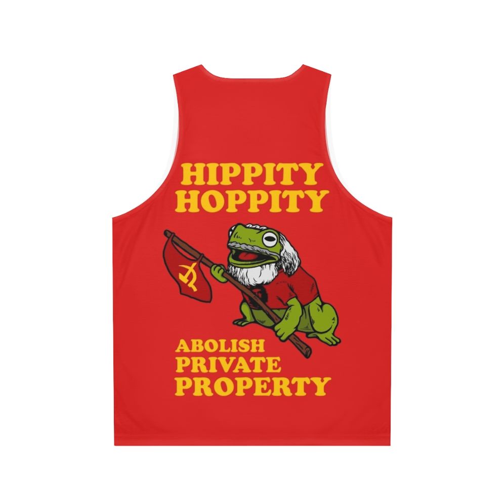 Unisex tank top with "Hippity Hoppity Abolish Private Property" design - Back