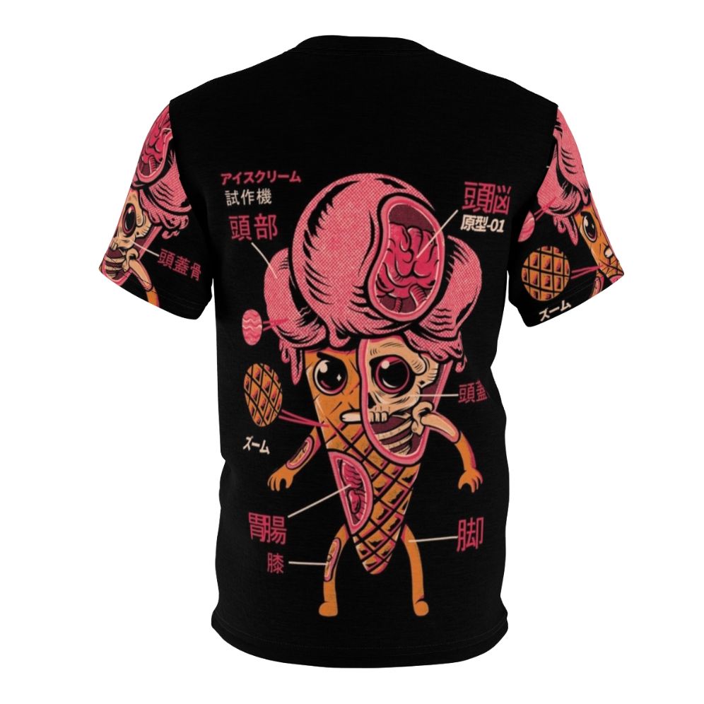 Illustrated image of a cute ice cream kaiju character on a retro-style t-shirt - Back