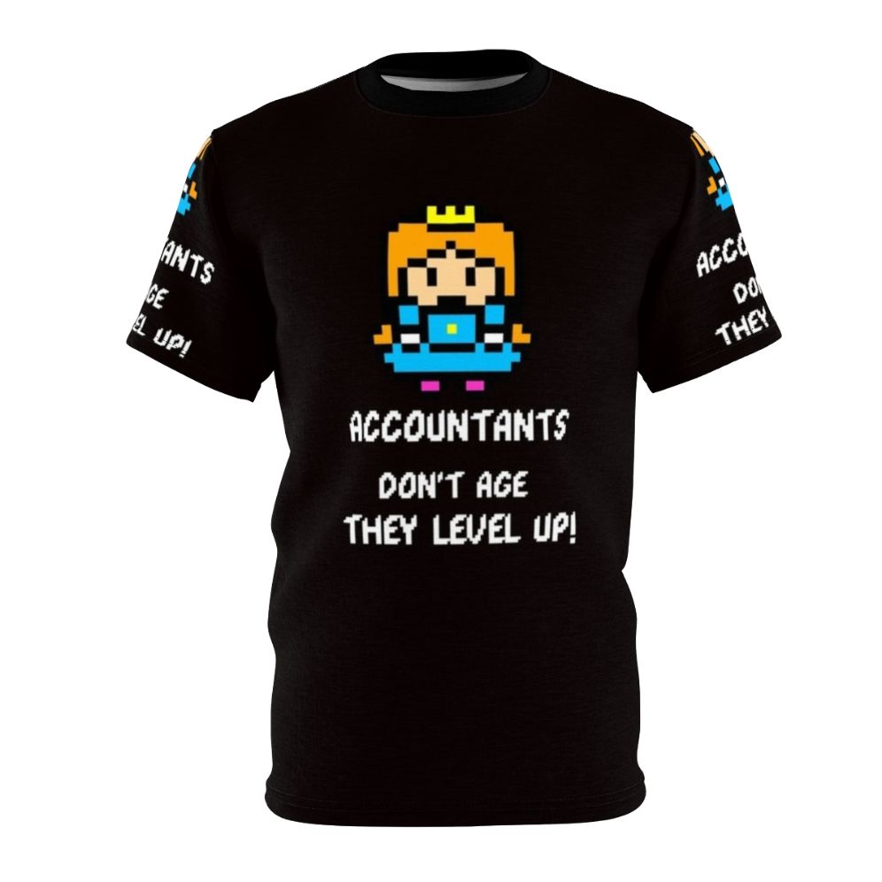 Accountant 8-bit gaming T-shirt with "Accountants Don't Age, They Level Up" design