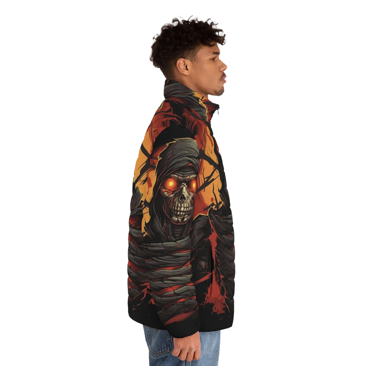 Dark 'Writhing Darkness' puffer jacket with spooky mummy design - men side right