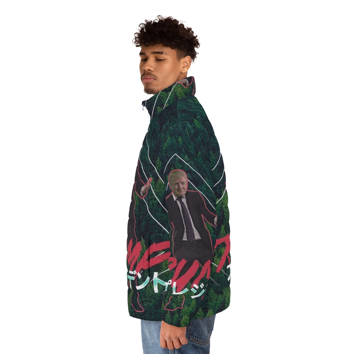 Vaporwave Trump Puffer Jacket with Retro 80s Aesthetic - men side left