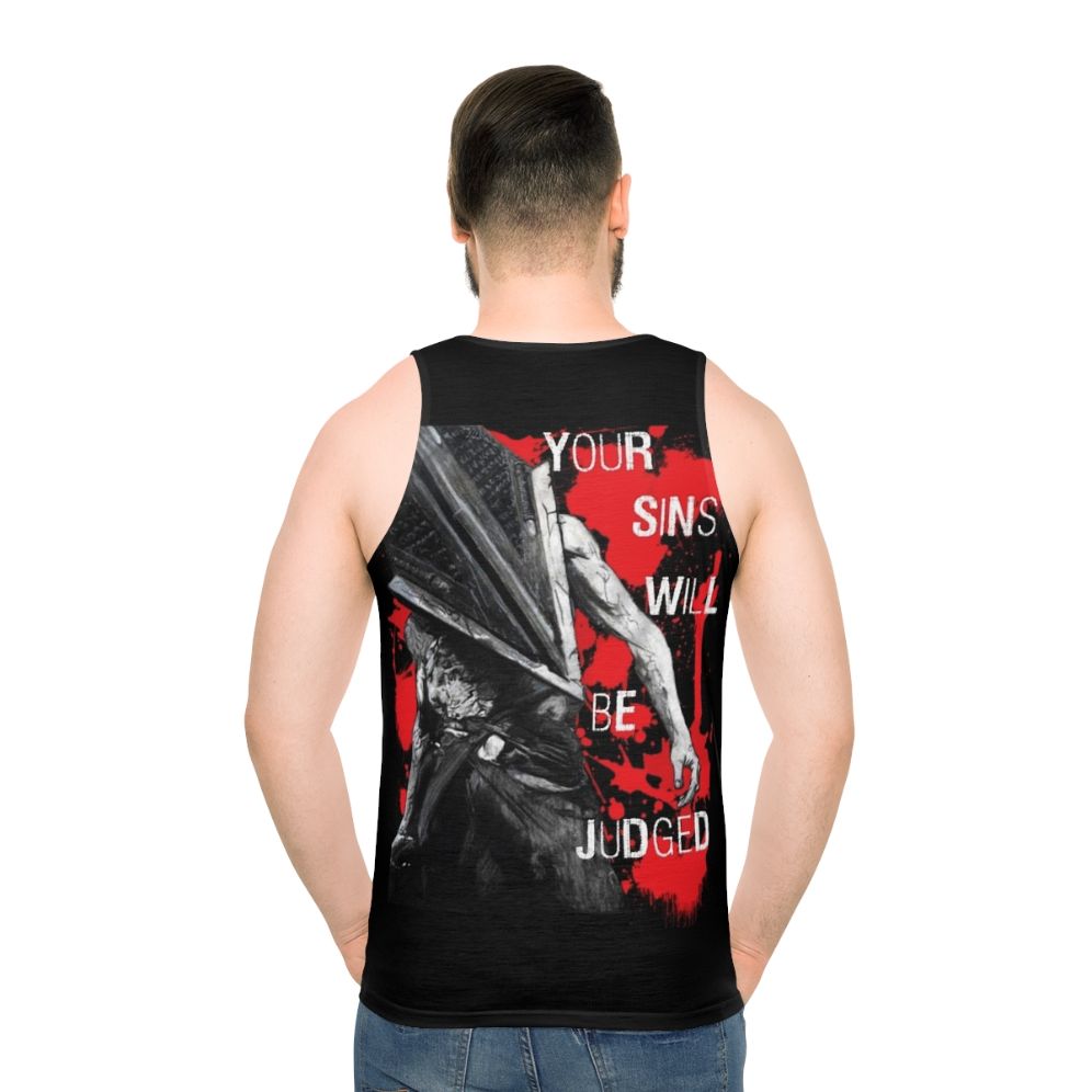 Horror themed unisex tank top with "Your Sins Will Be Judged Again" design - men back