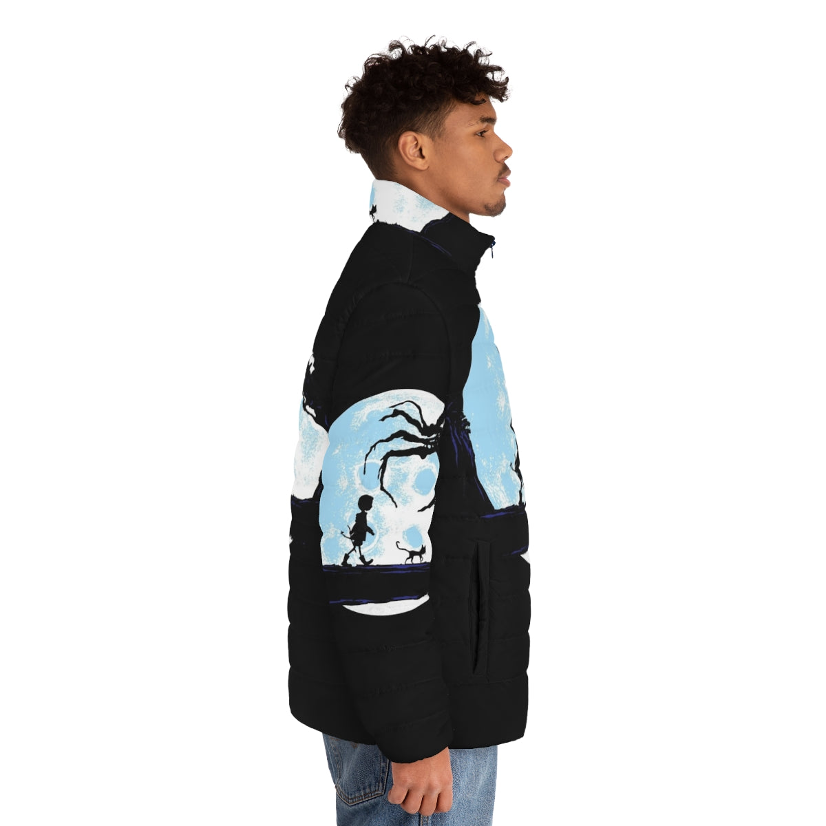 A stylish puffer jacket with a moon and astronaut design, perfect for space enthusiasts - men side right