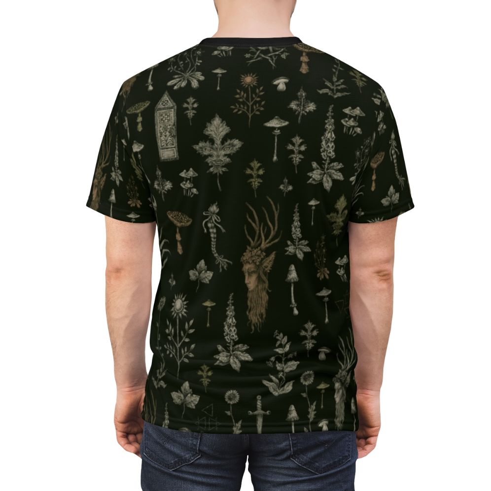 Illustration of a forest guardian figure surrounded by nature elements like deer, trees, mushrooms, and magical symbols. - men back