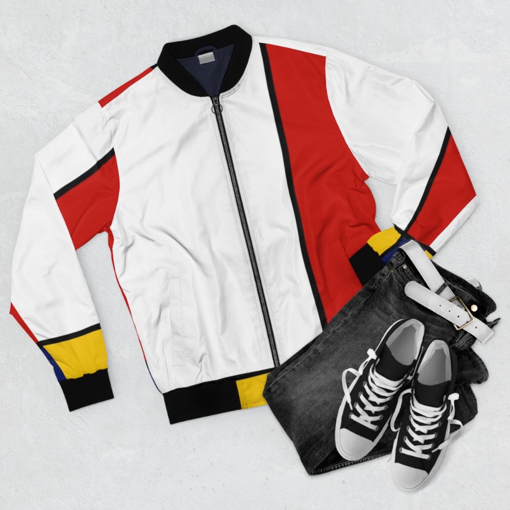 Colorful Mondrian-inspired geometric pattern bomber jacket - Flat lay