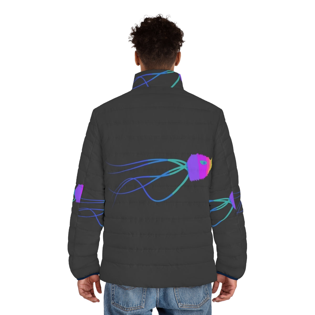 Jellyfish puffer jacket with colorful abstract animal design - men back