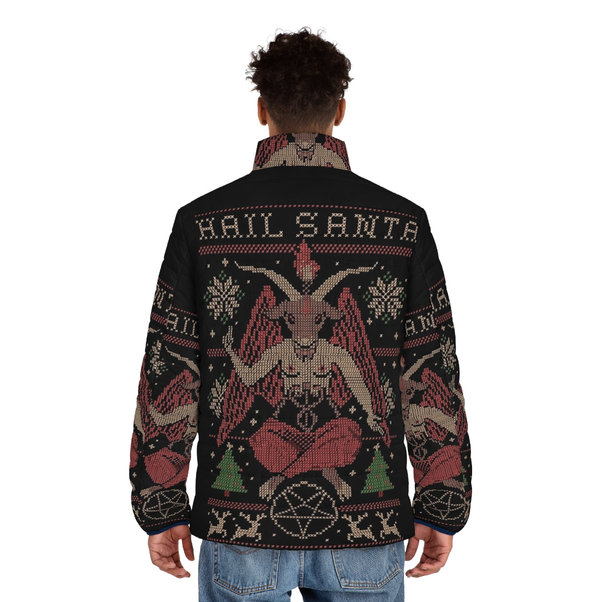 Festive and Enchanting Puffer Jacket with Santa Claus Design - men back