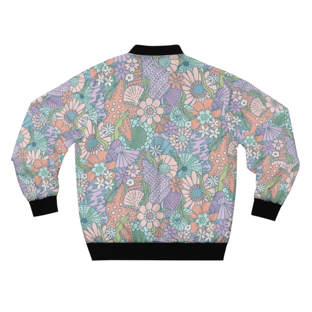 Mermaid Cove Floral Seashell Bomber Jacket with ocean-inspired design featuring shells, starfish, and whimsical floral patterns - Back