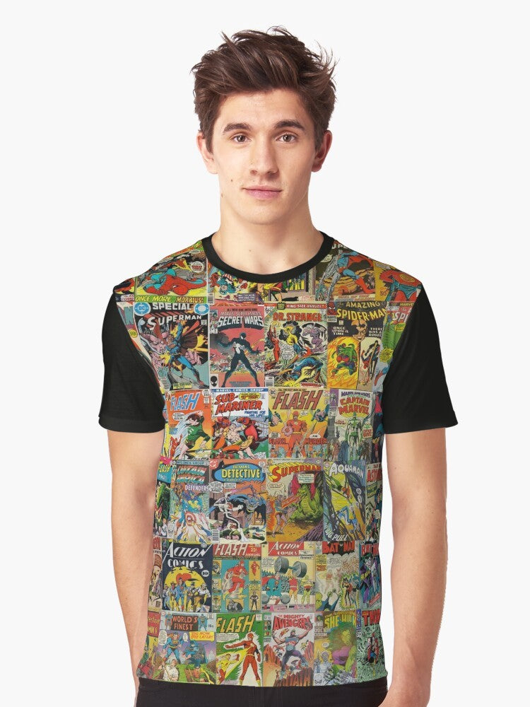 Vintage comic book pattern graphic t-shirt with superheroes and colorful design - Men