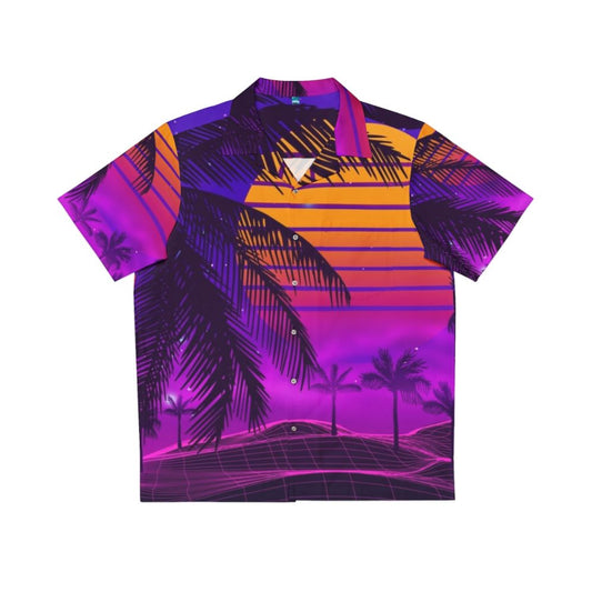 80s synthwave hawaiian shirt with neon sunset colors and futuristic design