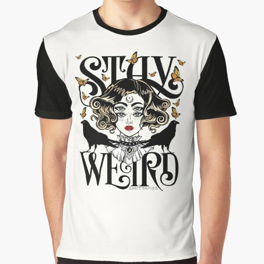 Stay Weird graphic t-shirt with colorful rose and raven design