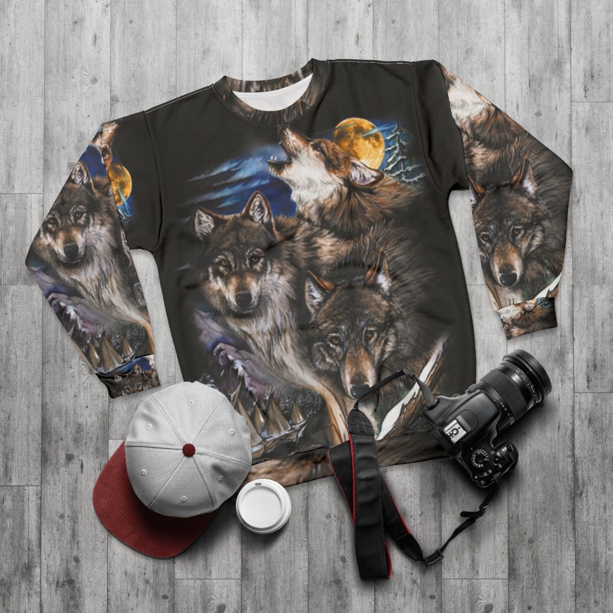 Howling Wolves In Full Moon Sweatshirt - flat lay