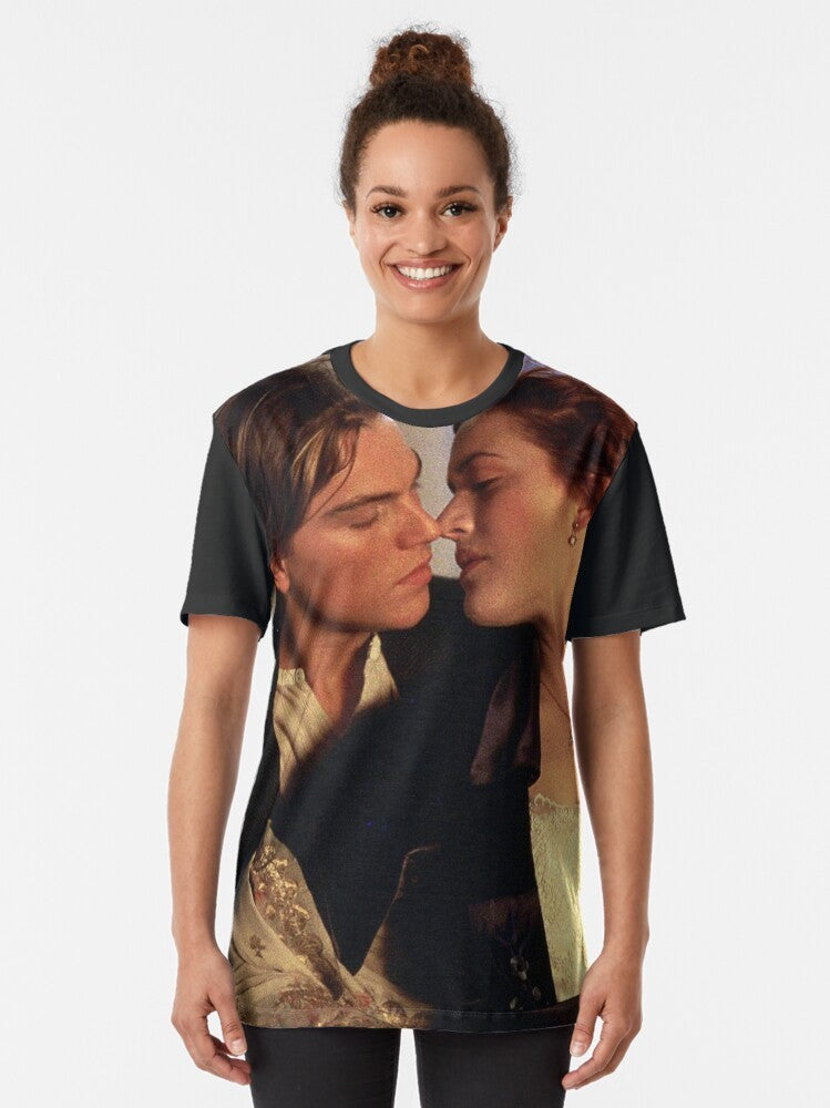 Graphic t-shirt featuring the iconic characters Jack and Rose from the classic film 'Titanic' starring Leonardo DiCaprio and Kate Winslet. - Women