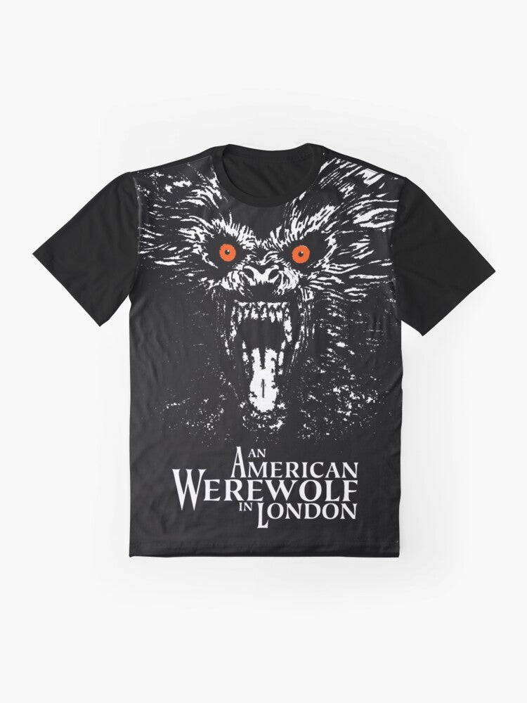 American Werewolf in London horror movie graphic t-shirt with a wolf, full moon, and other spooky elements - Flat lay