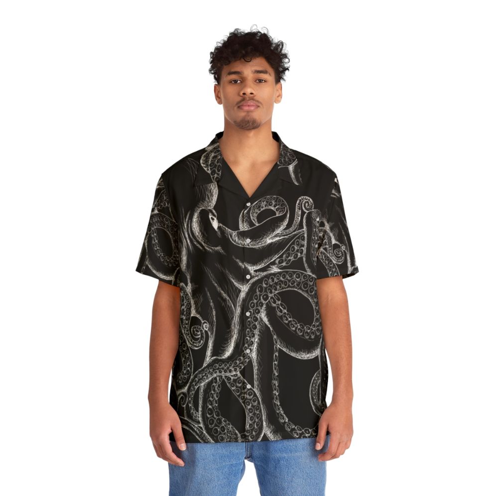 White octopus line art design on black Hawaiian shirt - People Front