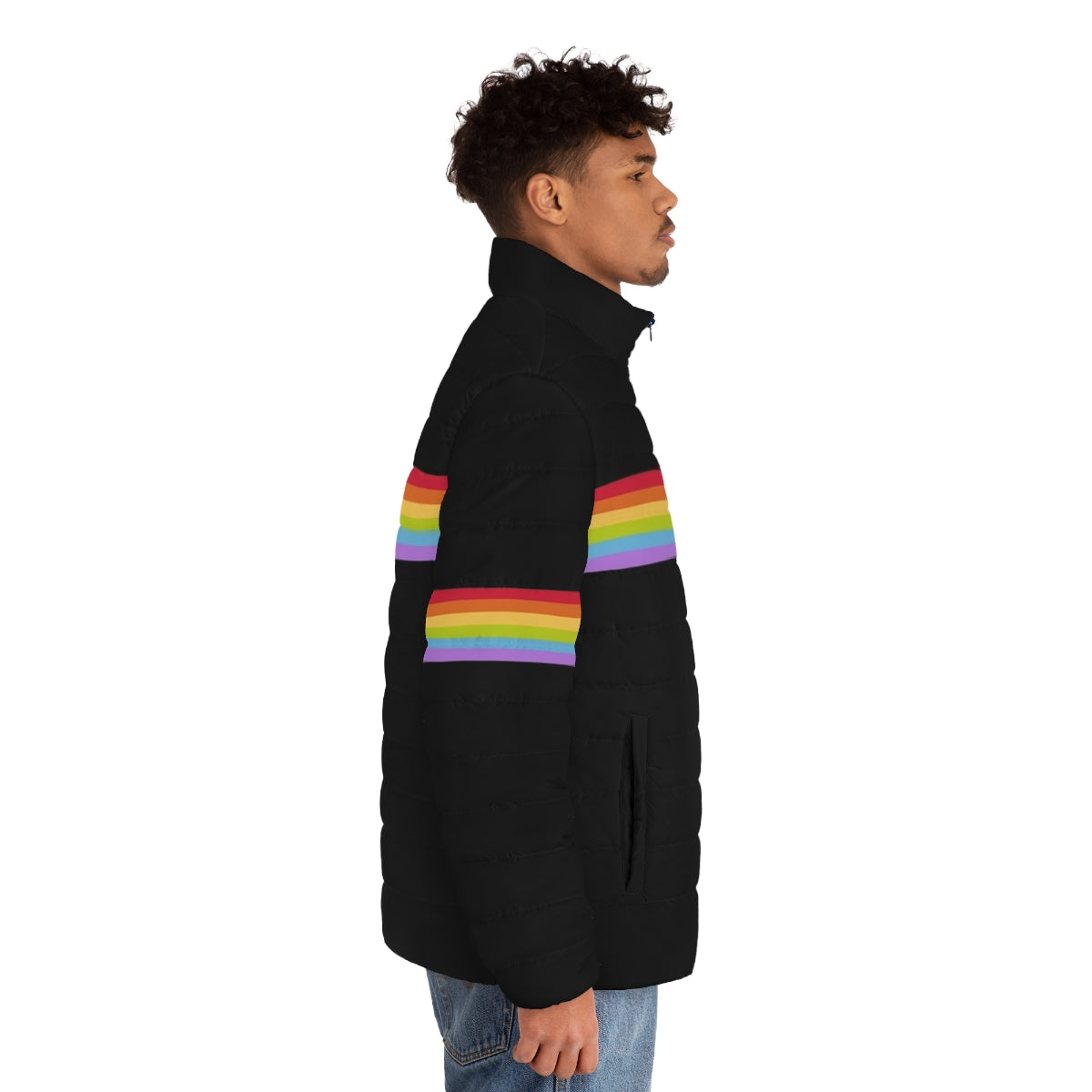 Gay pride puffer jacket with rainbow stripes and bold, colorful design - men side right