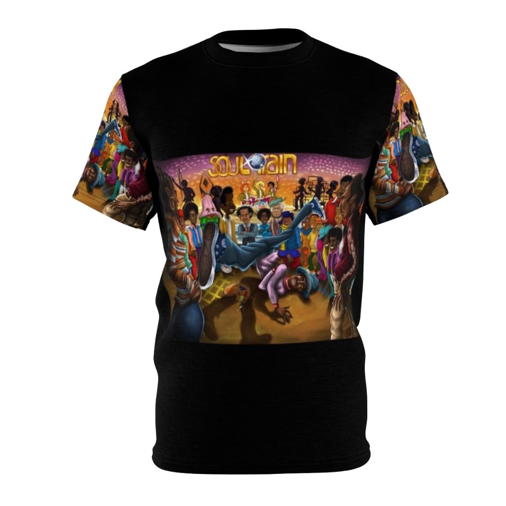 Colorful and lively Soul Train inspired t-shirt design with retro disco and breakdancing elements.