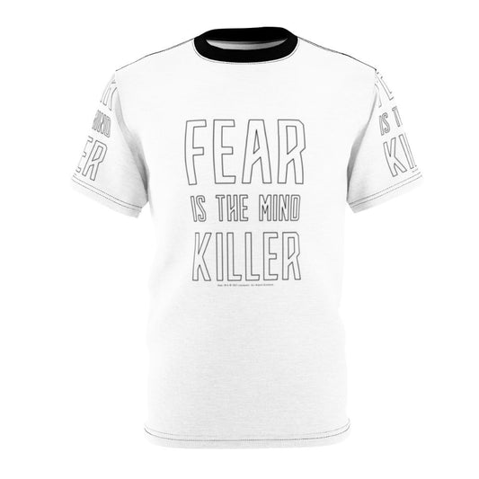 Dune-inspired "Fear Is the Mind Killer" all-over print t-shirt featuring elements from the sci-fi classic