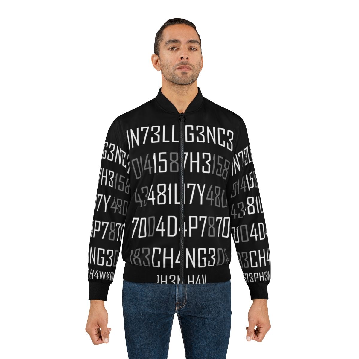 Adapt or Die Encoded Bomber Jacket with Science and Intelligence Graphic - Lifestyle