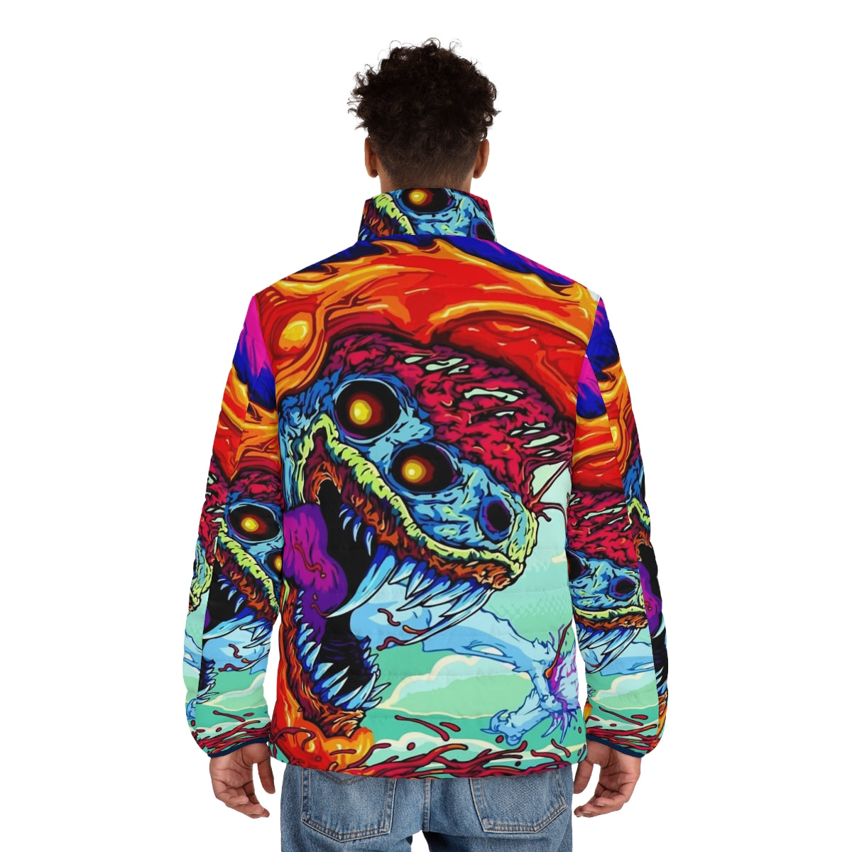 Hyper Beast puffer jacket with vibrant, abstract gaming-inspired design - men back