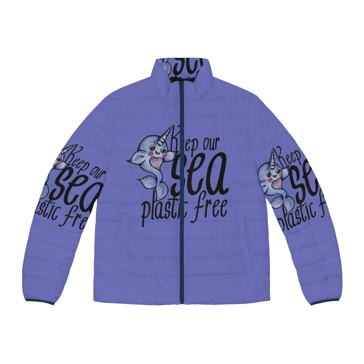 Puffer jacket with narwhal design, promoting plastic-free oceans