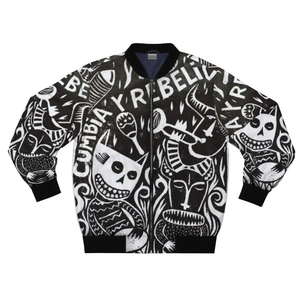 Latin American-inspired bomber jacket with music and cultural elements