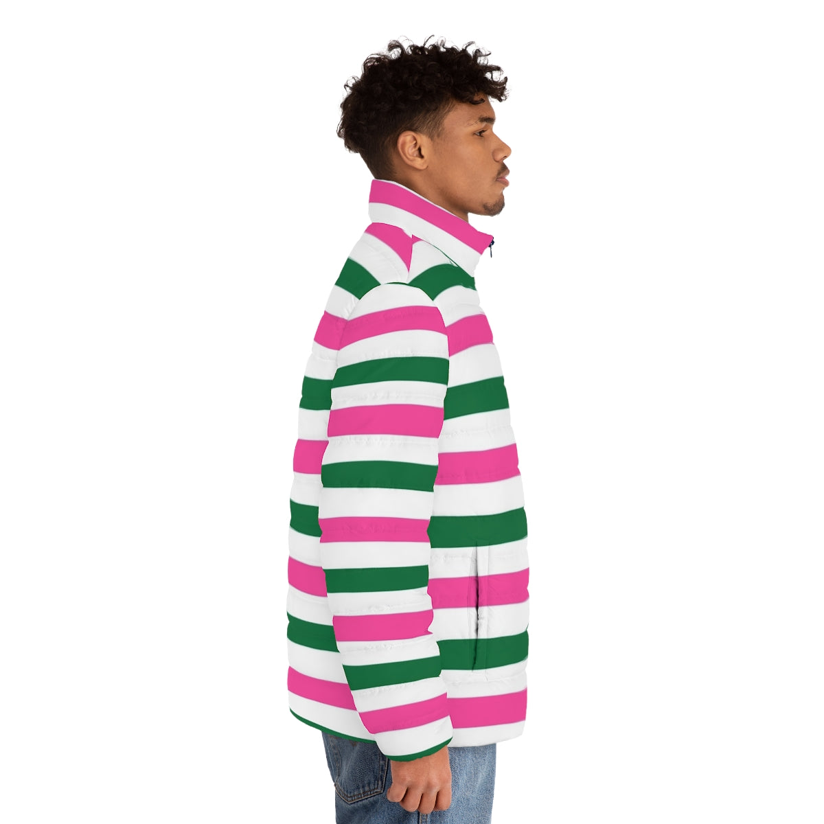 Deckchair-inspired striped puffer jacket in forest green and hot pink - men side right