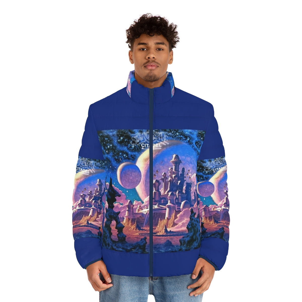 Starcastle Citadel Puffer Jacket featuring retro psychedelic art and progressive rock design - men front