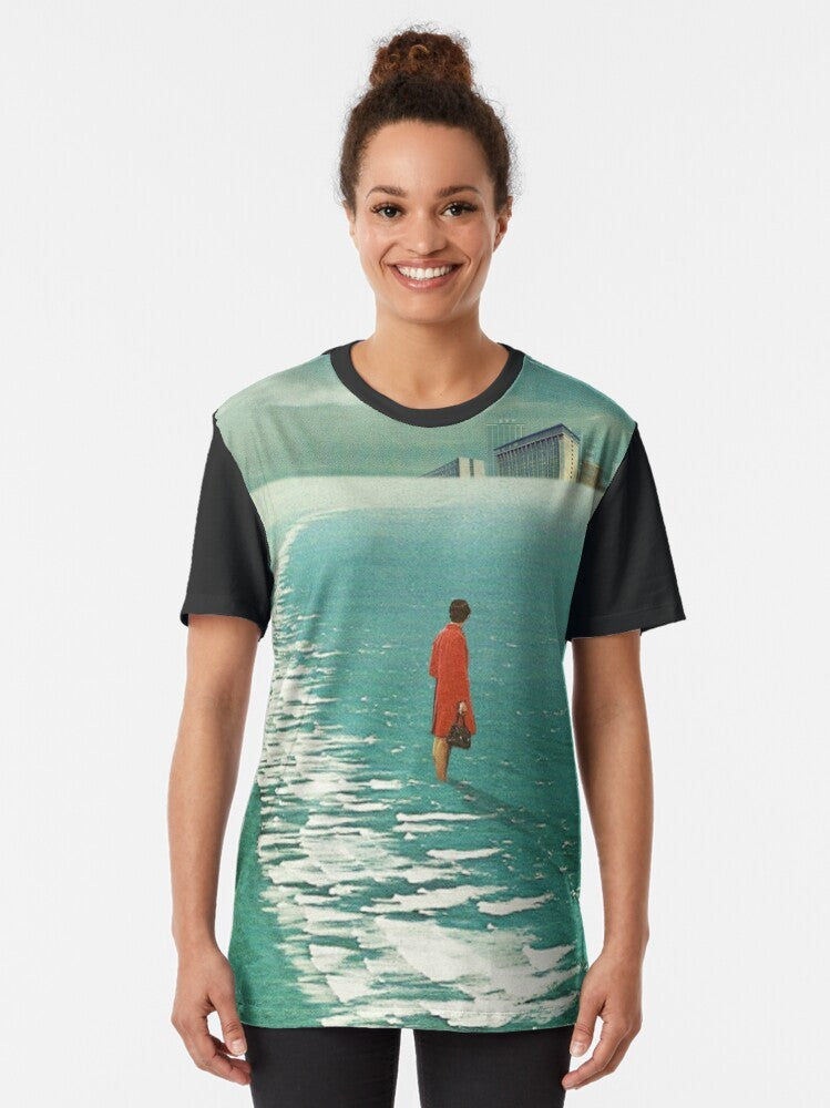 Vintage collage graphic t-shirt featuring a surreal landscape with a woman waiting for the cities to fade out, set against a dark sky and ocean. - Women