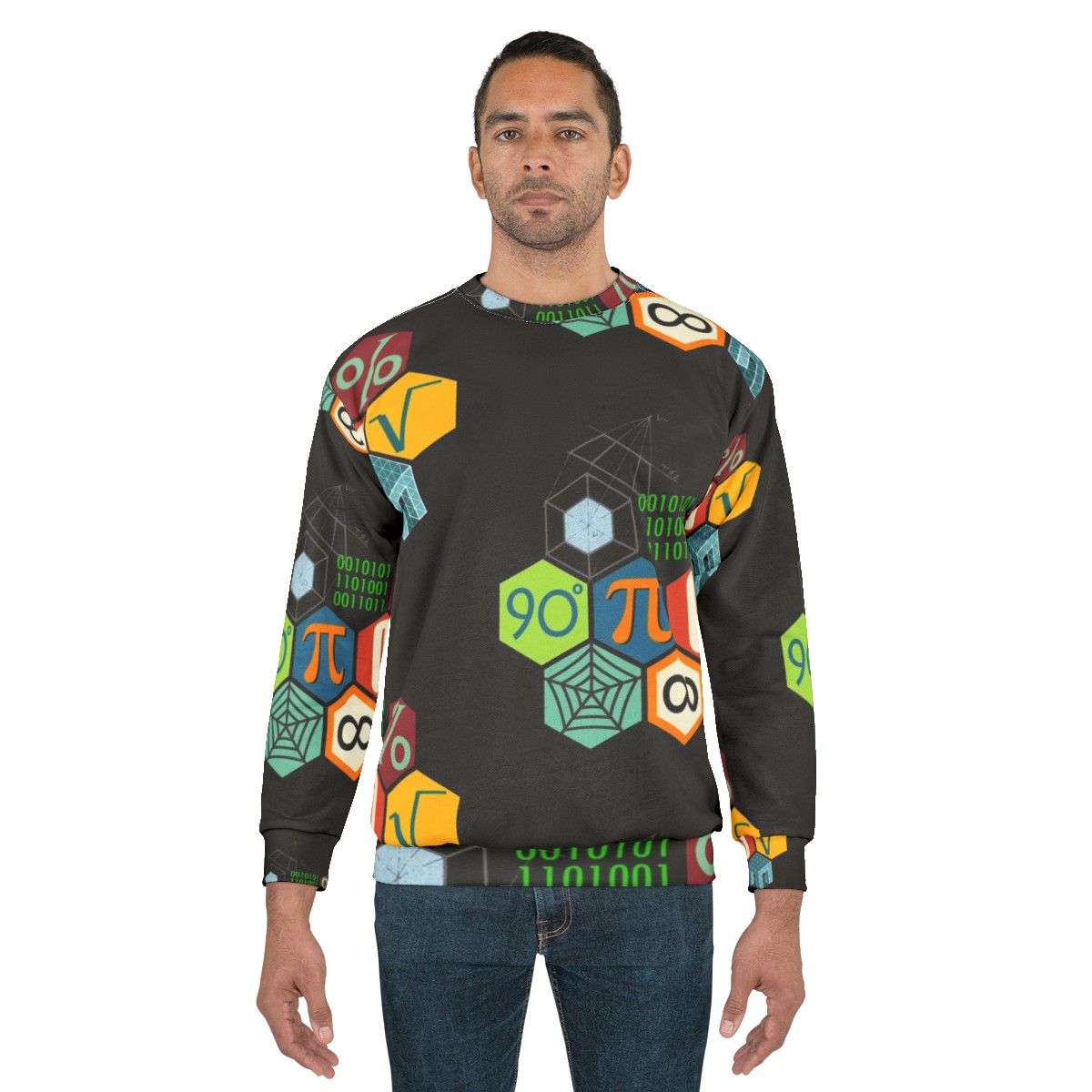 Stylish math sweatshirt with geometric designs and mathematical symbols - men