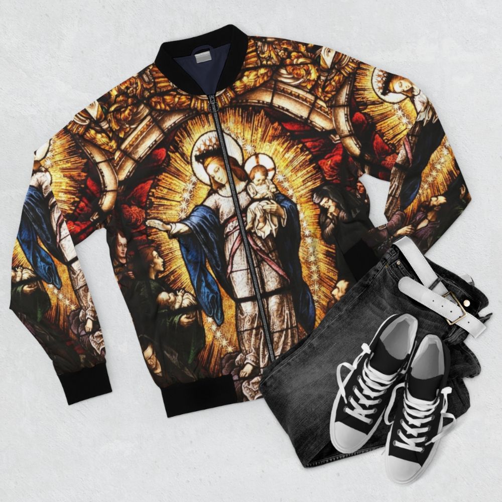 Vintage bomber jacket with a stained glass Virgin Mary design - Flat lay