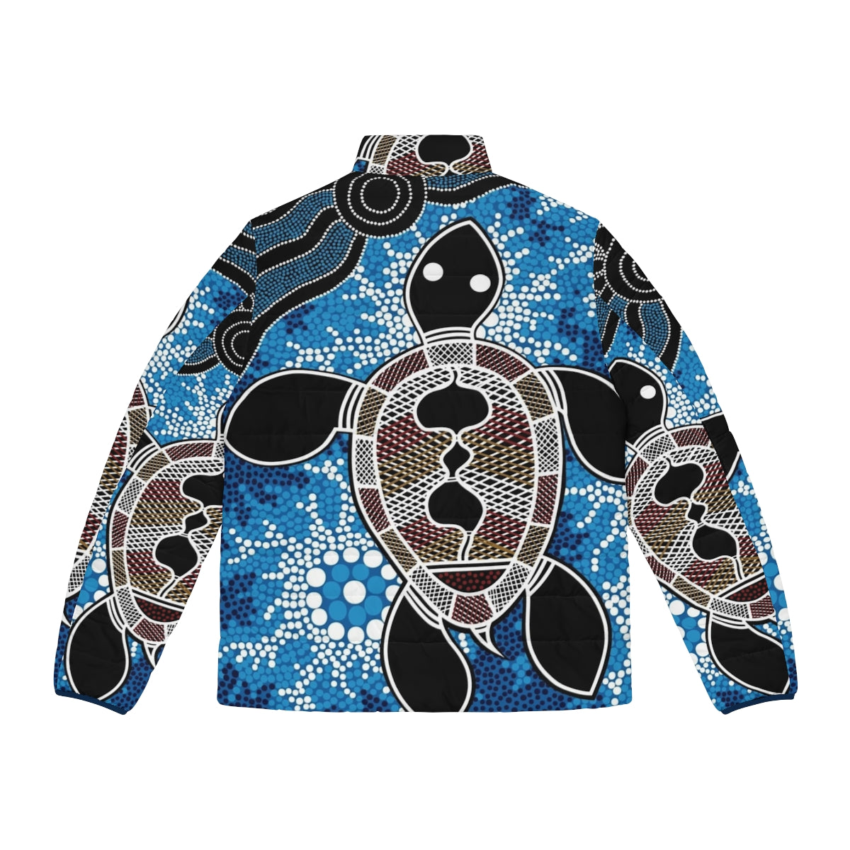 Authentic Aboriginal Art Sea Turtles Puffer Jacket, featuring indigenous Australian dreamtime art - Back