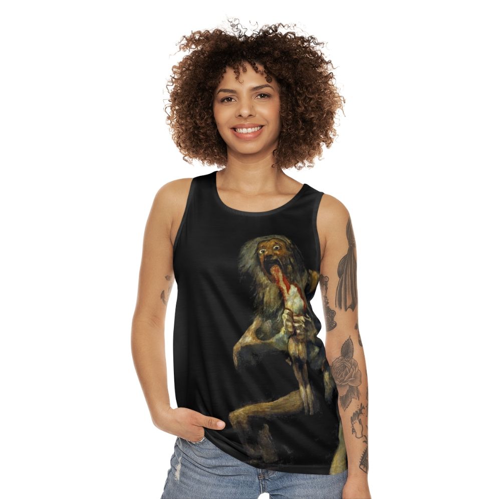 Unisex tank top featuring the mythological figure of Saturn devouring his son - women