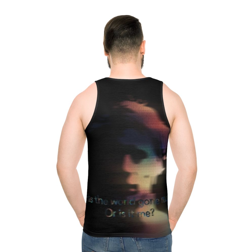 Unisex tank top with abstract art and lyrical design - men back