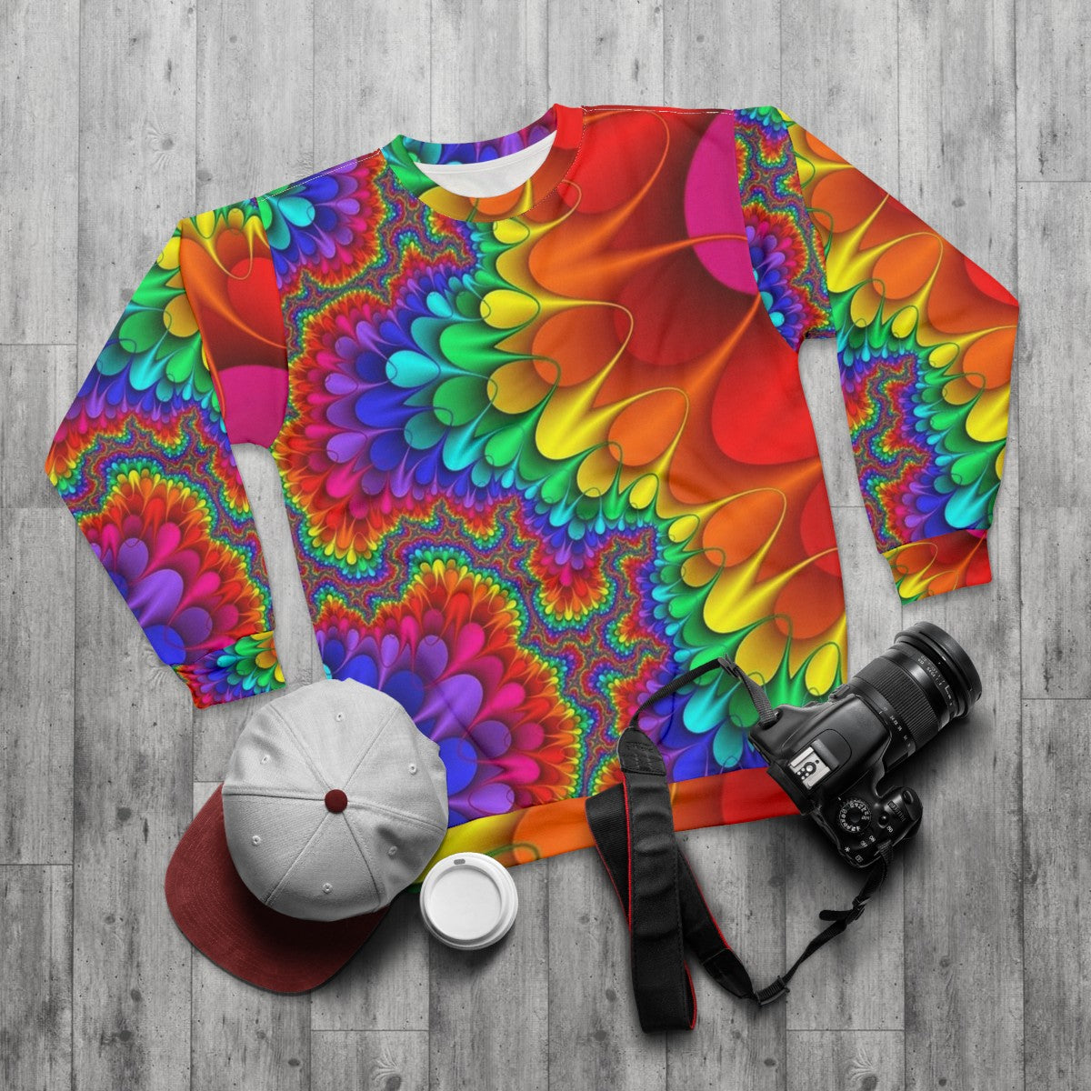 Psychedelic tie-dye rainbow sweatshirt - flat lay