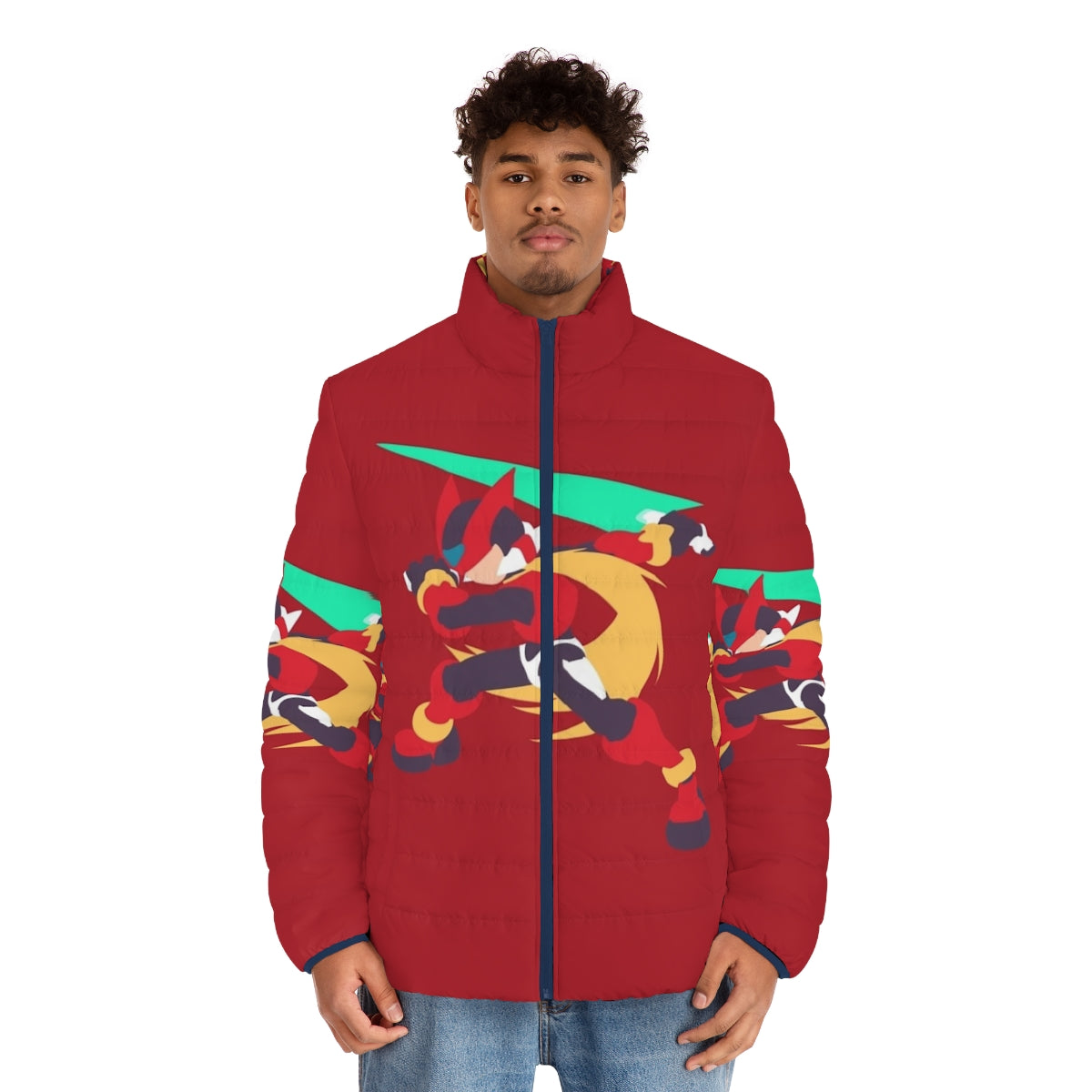 Mega Man Zero Puffer Jacket with character artwork - men front