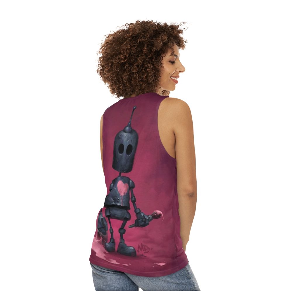 Unisex artist tank top featuring a cute robot with a paintbrush - women back