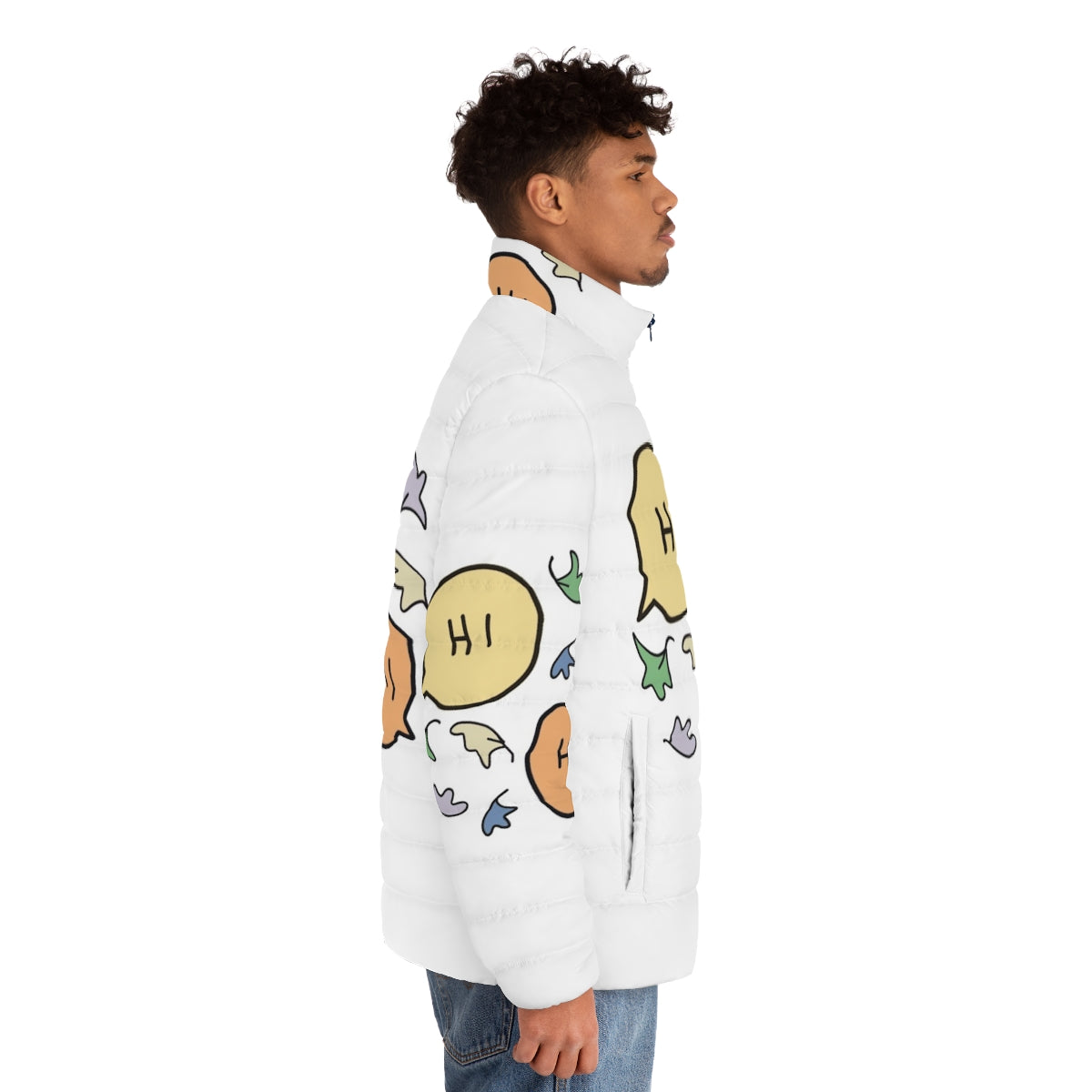 A cozy and stylish puffer jacket featuring a Heartstopper-inspired pastel leaves design. - men side right