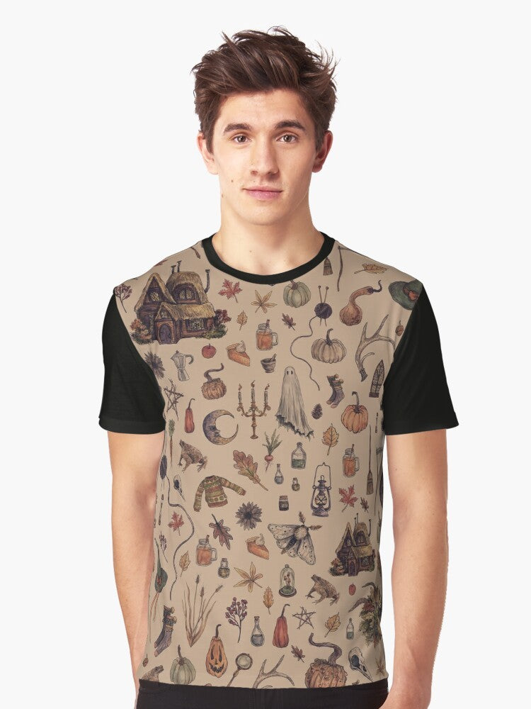 Rustic cozy crone graphic t-shirt with witch, autumn, and nature-inspired design - Men